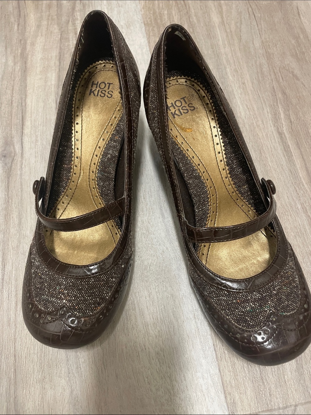 Hot Kiss Brown Mary Jane Heels with Textured Upper